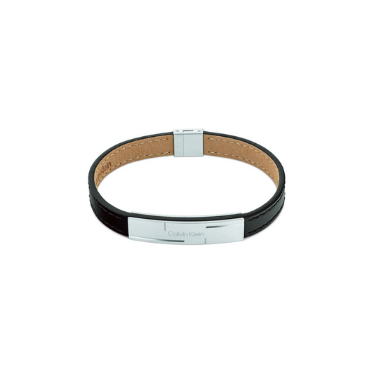 Calvin Klein Grid men bracelet black leather plate with logo Ref :35000056