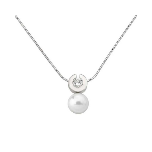 Pendant with chain 37/42cm ling in silver rhodium-plated, 12mm flat white pearl and cubic zirconia Ref :95230120007051
