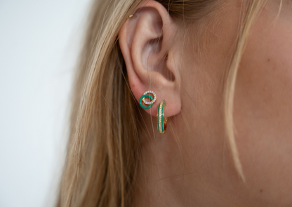 SMALTO - Silver 925 Gold Plated & Green Enamel Hoop Looped Earrings