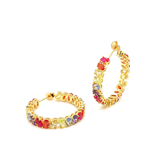Sterling Jewellers' Ovale Multi in Yellow Gold Large Hoop Earrings in Yellow Gold Plating with Multicolour Rainbow Stones from the new Ovale Collection
