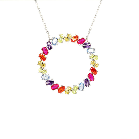 Sterling Jewellers' Ovale Multi in Silver Sole Sun Round Necklace in Rhodium Plating with Multicolour Rainbow Stones from the new Ovale Collection