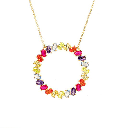 Sterling Jewellers' Ovale Multi Sole Sun Round Necklace in Yellow Gold Plating with Multicolour Rainbow Stones from the new Ovale Collection