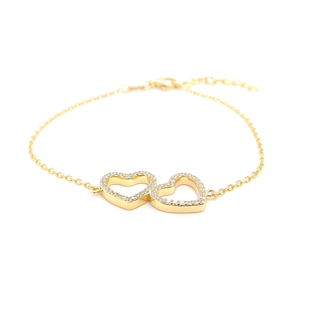 Silver 925 Two Hearts Bracelet in Yellow Gold Plating SVB0185Y